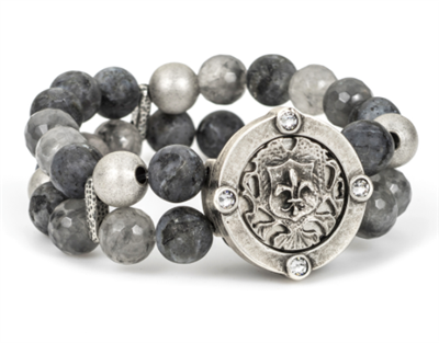 women's French Kande 7 3/4 stretch bracelet with black labradorite, cloudy quartz and silver 10 mm beads