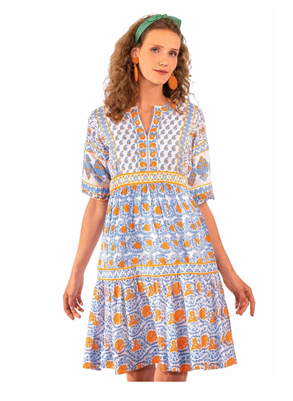 Women's periwinkle and orange print short dress.