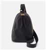 Women's black leather sling handbag with gold zipper