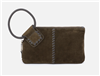 Women's HOBO suede clutch handbag in herd with whip stitching on the front with a circular handle and a top zip.