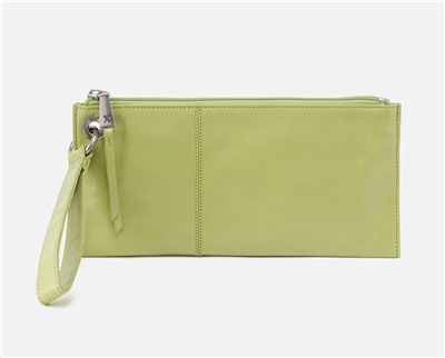 Ladies top zip leather wristlet clutch in celery green.