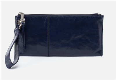 Ladies top zip leather wristlet clutch in nightshade blue leather from HOBO Bags.