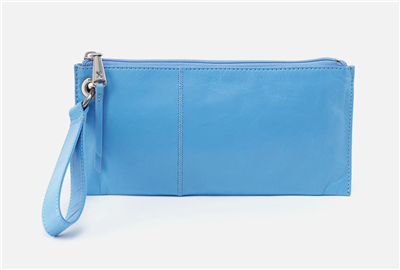 Ladies top zip leather wristlet clutch in tranquil blue.