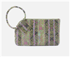 Women's HOBO leather clutch handbag in green and lilac geo diamond print with a circular handle and a top zip.