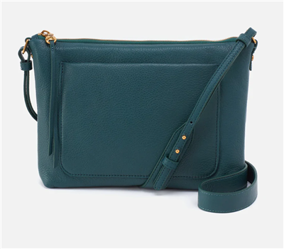 Women's dark teal leather gold zip top crossbody bag