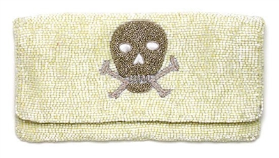 ivory beaded fold over Skull Clutch