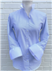 women's blue and white stripe button front blouse with 4 inch white grosgrain ribbon trim on neck and wrist.