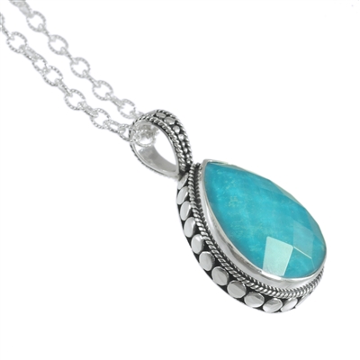 Sterling silver 2 strand beaded chain with turquoise tear drop pendant