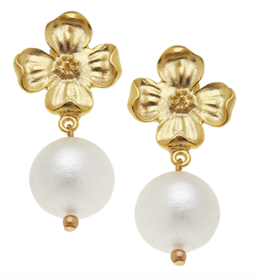 24K gold plate flower and cotton pearl post earring