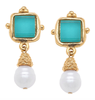 Women's Freshwater Pearl Earrings with Teal Glass