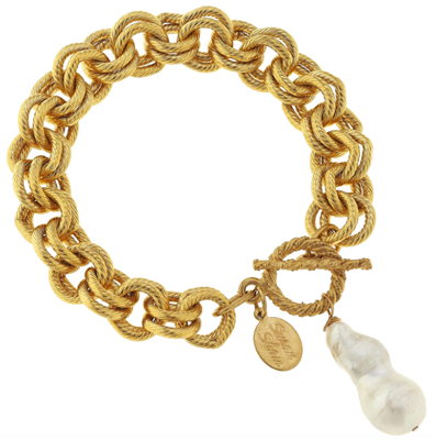 Gold Double Chain Bracelet with toggle closure with a pearl accent