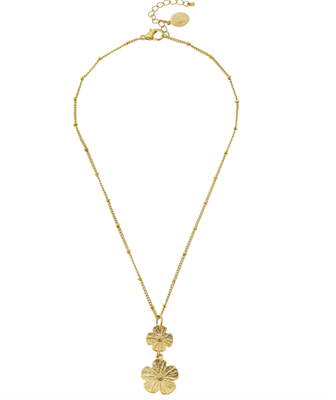 14K Goldplate double flower pendant which measures 1.5 inches long on a 16 inch chain