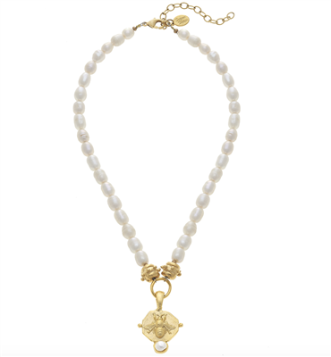 Pearl Necklace with gold bee pendant from Susan Shaw