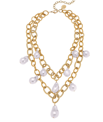 Ladies double gold chain necklace with freshwater pearls