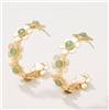 Ladies matte gold flower hoop earrings with green Aventurine stones.