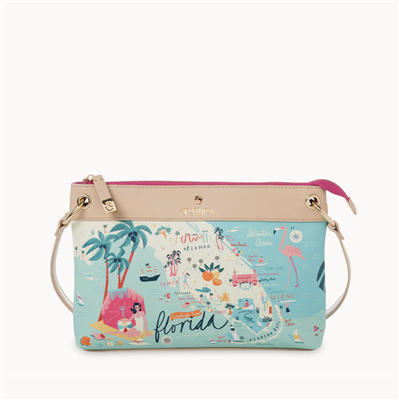 Women's vinyl cross body handbag that is a map of Florida.