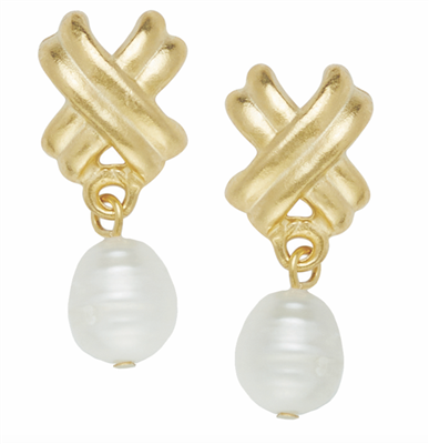 Women's gold X earrings with freshwater pearl