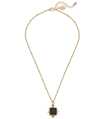 Women's 16" gold chain with jet black French glass pendant