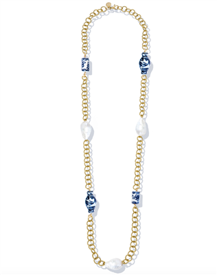 Ladies 34" Gold chain with blue and white porcelain beads and freshwater baroque pearls