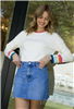 Women's lightweight cream knit crewneck sweater with stripe trim detail.