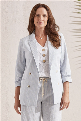 Cotton Seersucker Faux Double-Breasted Blazer.