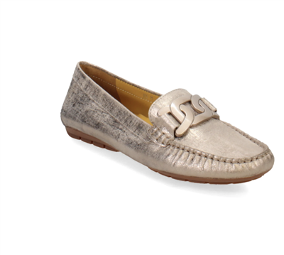 Women's metallic opal glove leather driving moccasins with chain detail on top and rubber bottom.