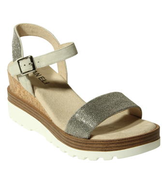 Grey suede platform sandal with silver trim detail and a 2.75 inch grooved rubber sole.