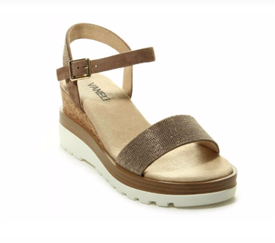 Taupe suede platform sandal with gold trim detail and a 2.75 inch grooved rubber sole.