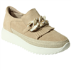 Women's nude suede slip on platform sneaker with fringe detail and nude resin chain across the top