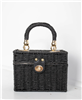 Women's black straw box purse with gold hardware with clasp closure