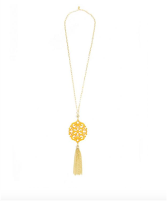 Ladies 36 inch chain necklace with honey resin cutout pendant with gold hardware