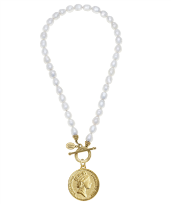 18 in freshwater pearl necklace with Queen Elizabeth Gold Coin on front toggle closure