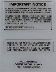 1978 1979 Honda CR125R CR250R Warning decal stickers
