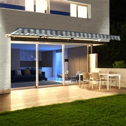 Half Cassette Motorized Retractable LED Luxury Patio Awning - 3 x 2.4 Meters (10 x 8 Feet) - Grey and White Stripes - ALEKO