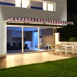Half Cassette Motorized Retractable LED Luxury Patio Awning - 3 x 2.4 Meters (10 x 8 Feet) - Red and White Stripes - ALEKO