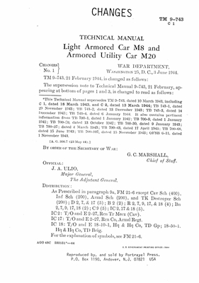 Changes to TM 9-743, M8 & M20 Armored Cars (G136, G176)