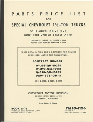 TM 10-1126 Parts Manual (Early QM Publication) Chevrolet 1 1/2 Ton 4x4 Truck (G506).  181 pages.