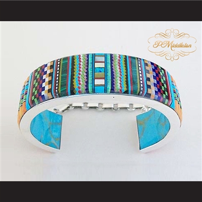 P Middleton Cobblestone Micro Inlay Cuff Bracelet Sterling Silver .925 Micro Inlay Stones