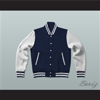 Dark Blue and White Varsity Letterman Jacket-Style Sweatshirt