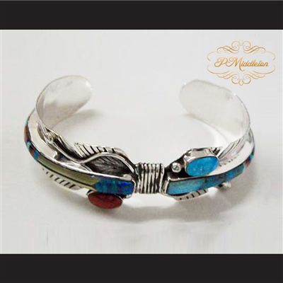 P Middleton Feather Cuff Bracelet Sterling Silver .925 with Semi-Precious Stones