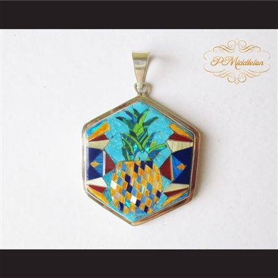 P Middleton Pineapple Hexagon Pendant Sterling Silver .925 Micro Inlays