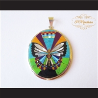 P Middleton Butterfly Oval Pendant Sterling Silver .925 with Micro Inlay Stones