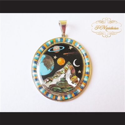 P Middleton Cosmic Scene Pendant Sterling Silver .925 with Micro Inlay Stones