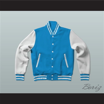 Light Blue and White Varsity Letterman Jacket-Style Sweatshirt