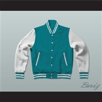 Teal and White Varsity Letterman Jacket-Style Sweatshirt