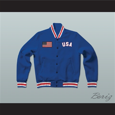 USA United States of America Blue Letterman Jacket-Style Sweatshirt
