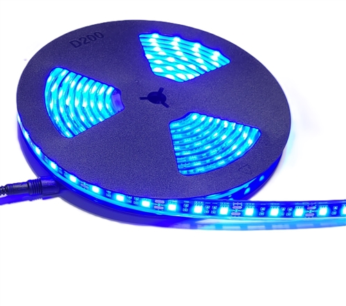 Saphire Blue LED Strip Light -12 Volt DC, IP68 Waterproof/Submersible, 300 5050 LEDs, 60/Meter, Black 10mm PCB, 72 Watts/Reel, Waterproof Connector Set, Mounting Clips/Screws - Commercial Quality 2oz/Meter Copper