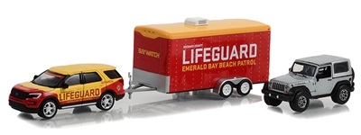 Greenlight Collectibles Hitch & Tow Series 11 - 2016 Ford Explorer, 2013 Jeep Wrangler Rubicon & Enclosed Car Hauler (Baywatch)