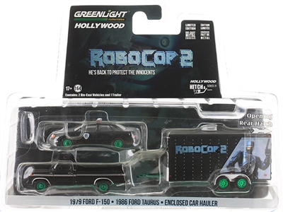 Greenlight Collectibles Hitch & Tow Series 11 - 1979 Ford F-150, 1986 Ford Taurus & Enclosed Car Hauler  (Robo Cop 2) (Chase)