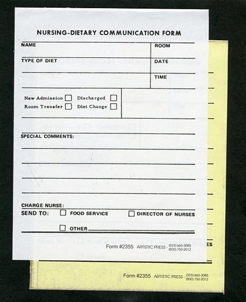 Nursing Dietary Communication Form #2355-2part NCR
